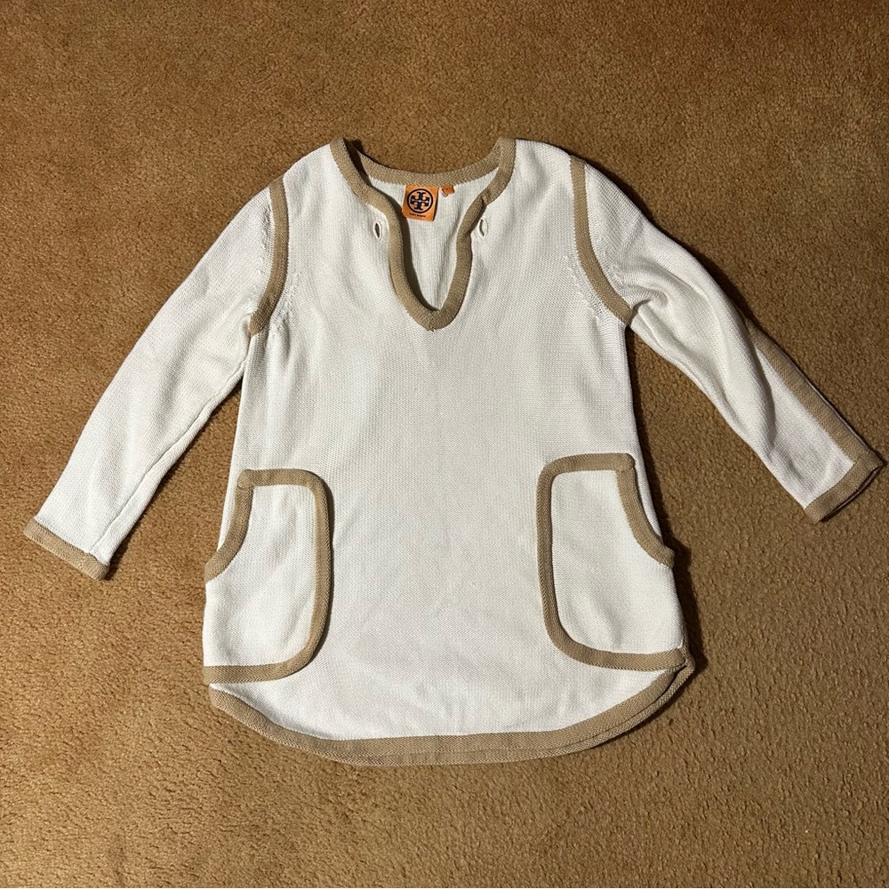 Tory Burch Cream Sweater With Beige Trim‎ Size Small, Missing Clasp At Neckline